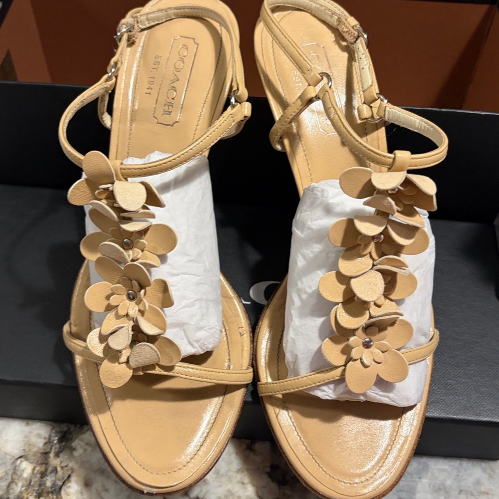Coach Beige Floral Appliqué Slingback Heels